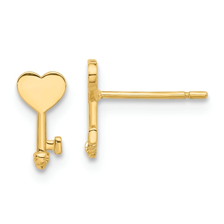 14K Yellow Gold Polished Heart Key Stud Earrings