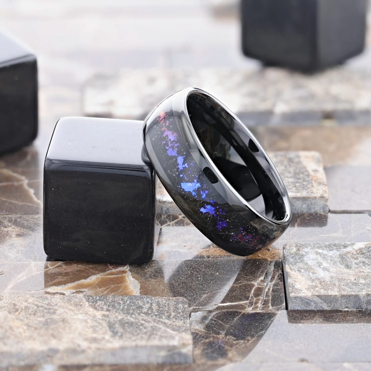 COSMIC Black Tungsten Ring with Crushed Alexandrite and Dark Blue and
Purple Crushed Goldstone 8mm