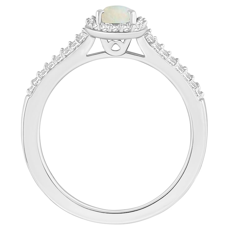 6x4mm Oval Opal 1/4 ctw Diamond Rhodium Over Sterling Silver Halo Ring