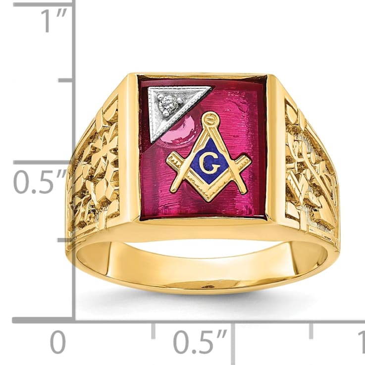 10K Yellow Gold Men s Lab Created Ruby and Diamond Lodge Masonic Ring 11V9BA