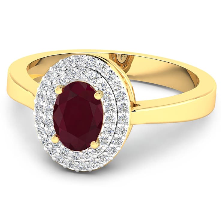 1.11ctw Red Ruby and Diamond 14K Yellow Gold Halo Ring