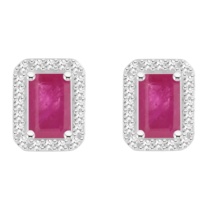 6x4mm Emerald Cut Ruby 1/5 ctw Diamond Rhodium Over Sterling Silver Halo
Stud Earrings