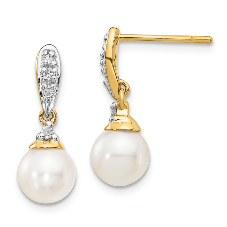 14K Yellow Gold 6-7mm White Round Freshwater Cultured Pearl 0.08ct
Diamond Dangle Earrings