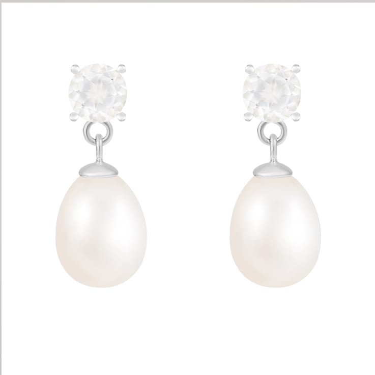 White Freshwater Pearl And White Topaz Drop Earrings In Sterling Silver