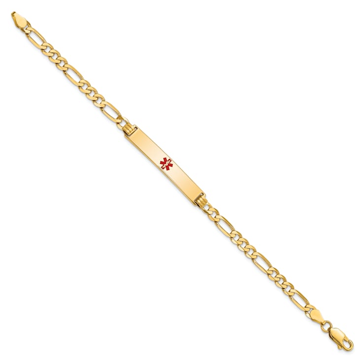 14k Yellow Gold Medical Red Enamel Flat Figaro Link ID Bracelet