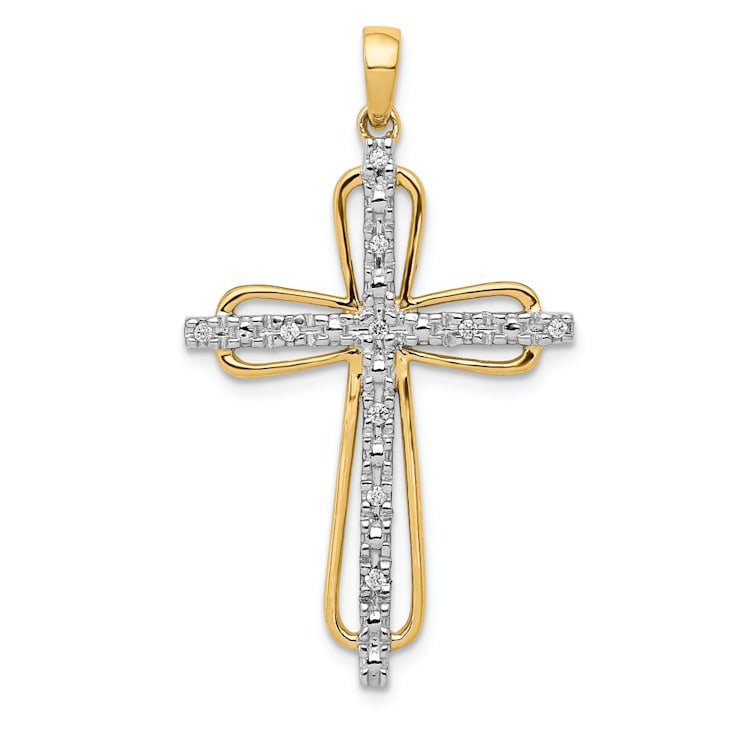 14k Yellow Gold and Rhodium Over 14k Yellow Gold Diamond Cross Pendant