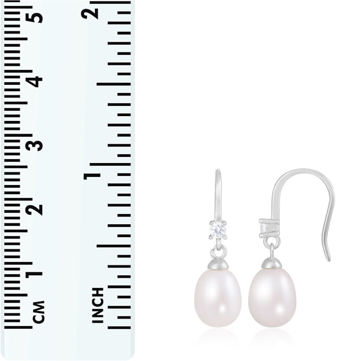 White Cultured Freshwater Pearl and Cubic Zirconia Rhodium Over Sterling
Silver 7-8mm Drop Earrings