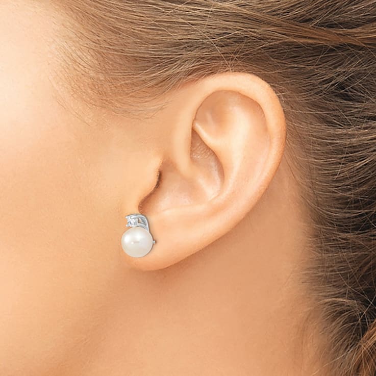 Rhodium Over Sterling Silver  8-9mm White Round FWC Pearl Cubic Zirconia
Post Earrings