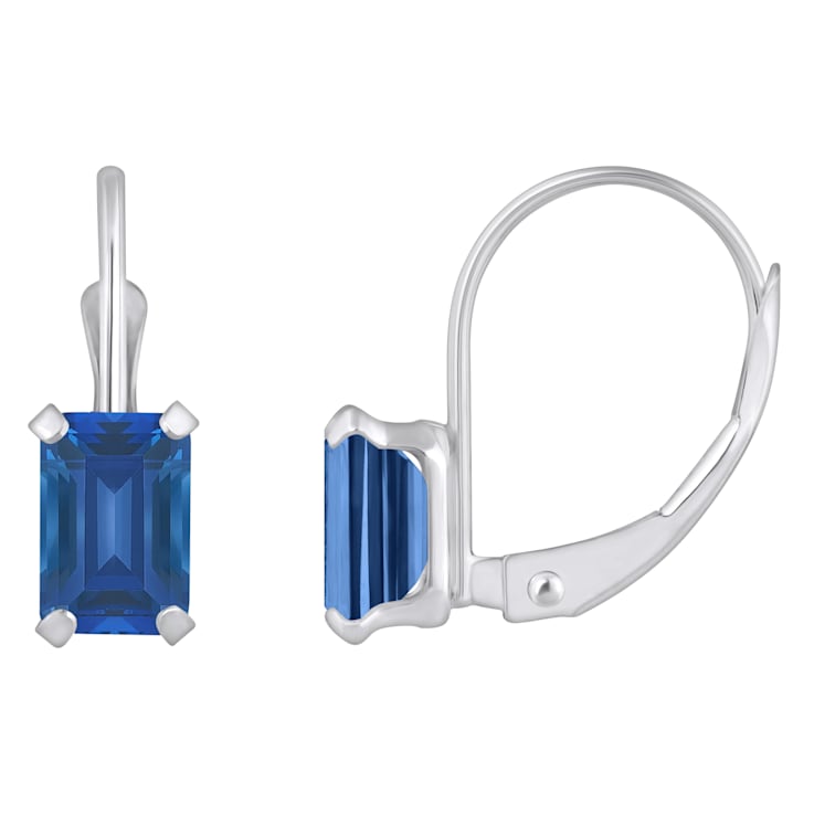 6x4mm Emerald Cut Lab Created Sapphire Rhodium Over 10k White Gold Drop Earrings