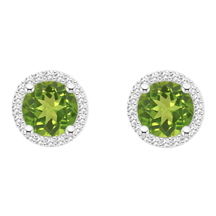6mm Round Peridot 1/5 ctw Diamond Rhodium Over Sterling Silver Halo Stud Earrings