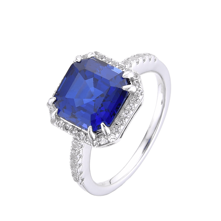Blue Asscher Cut Lab Created Sapphire with Round White Topaz Rhodium
Over Sterling Silver Halo Ring