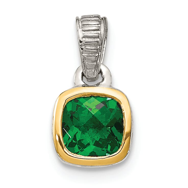 Rhodium Over Sterling Silver with 14k Accent Created Emerald Pendant