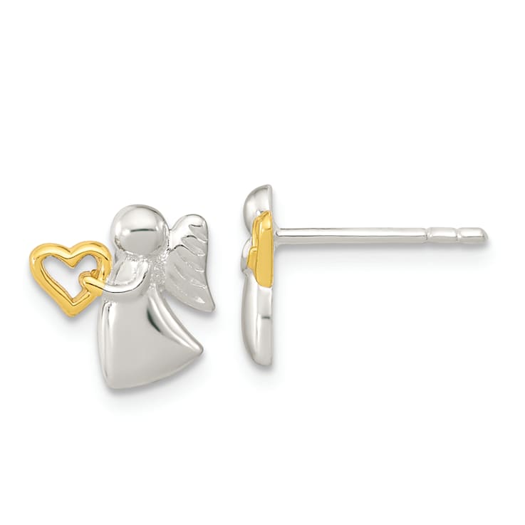 Rhodium Over Sterling Silver Angel With 14K Yellow Gold Over Sterling
Silver Heart Earrings
