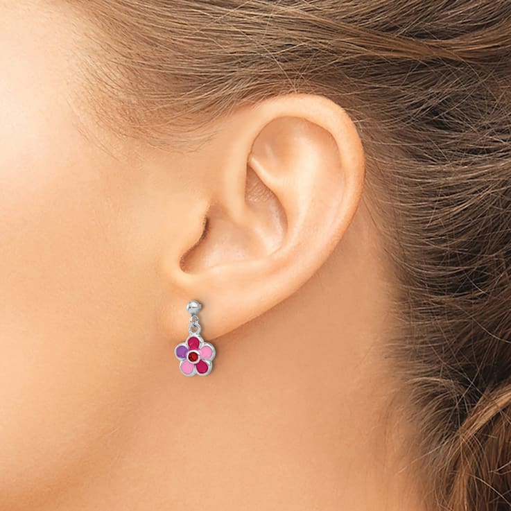 Rhodium Over Sterling Silver Enameled Red Crystal Flower Post Dangle Earrings