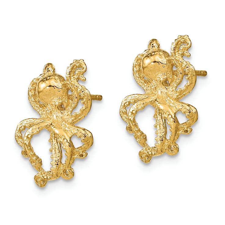 14k Yellow Gold 2D Polished and Textured Octopus Stud Earrings