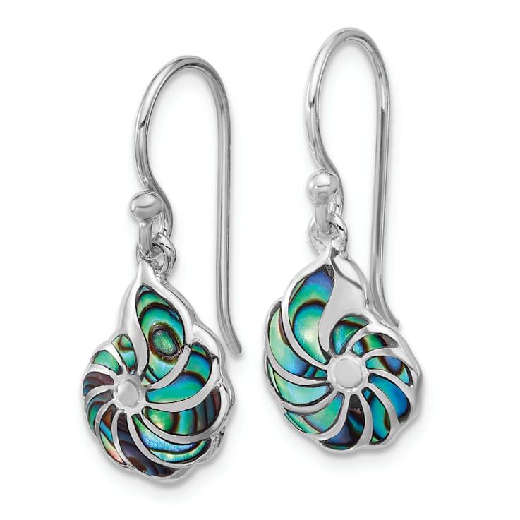 Rhodium Over Sterling Silver Polished Abalone Swirl Shell Dangle Earrings