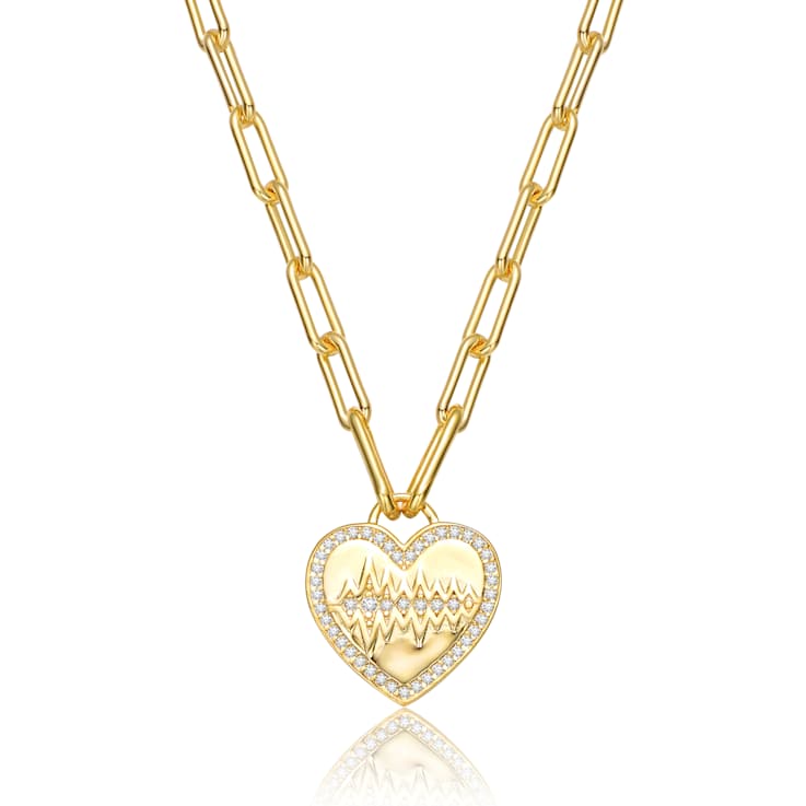 Pave CZ Heart Pendant Necklace In 14K Gold Over Brass