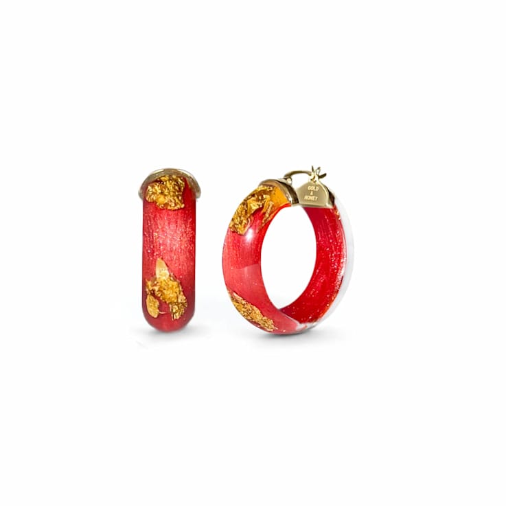 14K Yellow Gold Over Sterling Silver Mini Gold Leaf Acrylic Hoops in
Dark Green