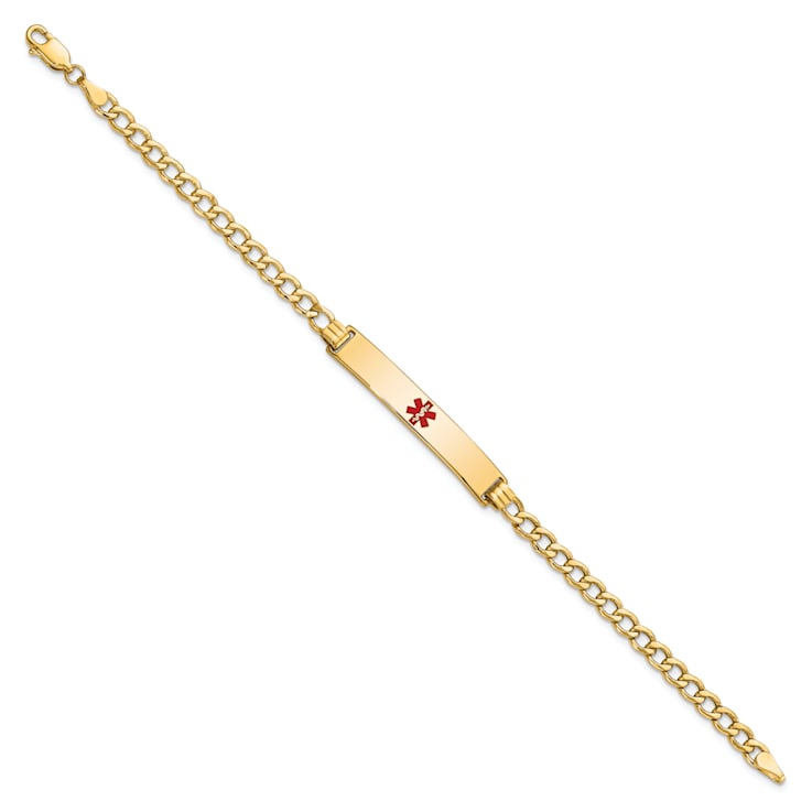 14k Yellow Gold Medical Polished Red Enamel Curb ID Bracelet