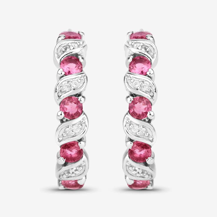 Pink Tourmaline and White Topaz Sterling Silver Hoop Earrings