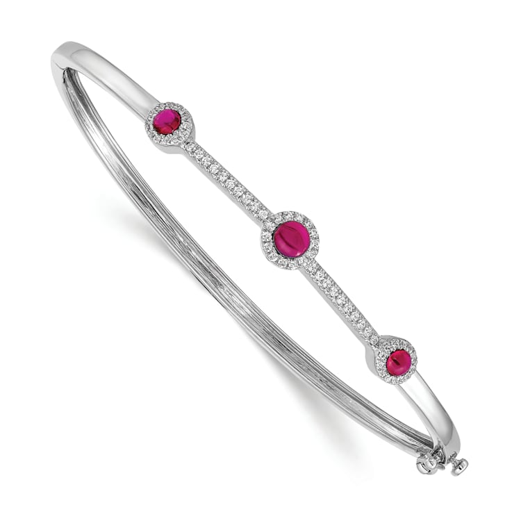 Rhodium Over 14k White Gold Diamond and Cabochon Ruby Bangle