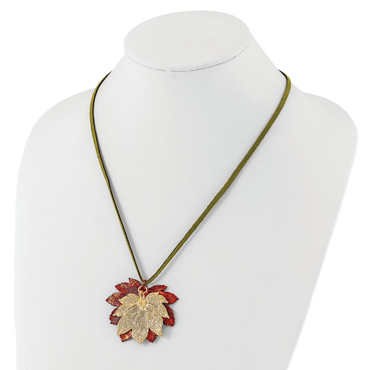 Iridescent Copper and 24k Yellow Gold Dipped Double Full Moon Maple Leaf
20 Inch Necklace