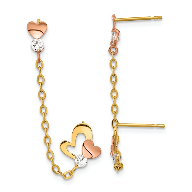 14k Two-tone Cubic Zirconia Double Post with Chain Heart Earrings