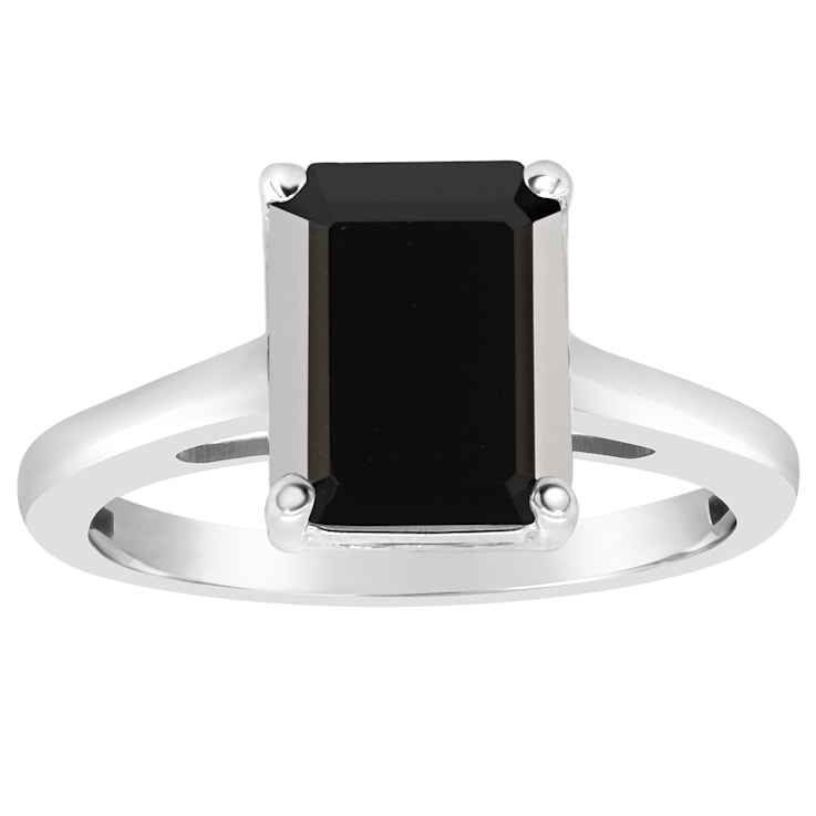 10x8mm Emerald Cut Black Onyx Rhodium Over Sterling Silver Ring