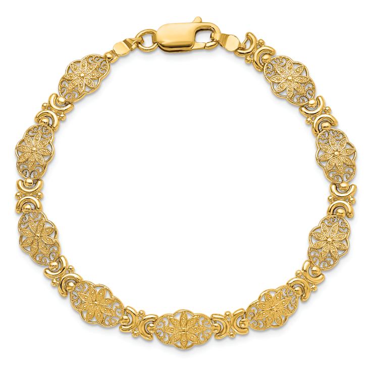 14k Yellow Gold Textured Fancy Floral Link Bracelet