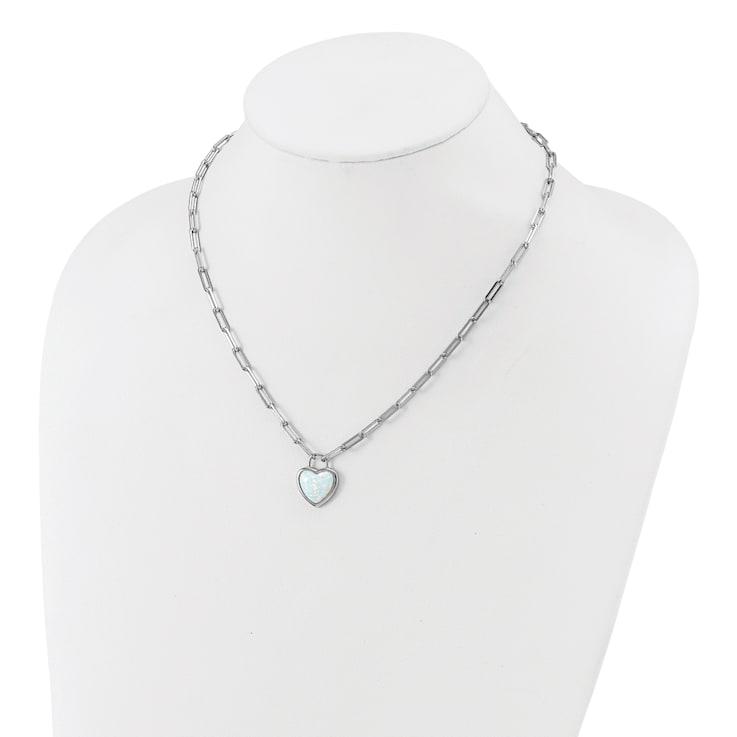 Rhodium Over Sterling Silver Lab Created Opal Heart Paperclip Link Necklace
