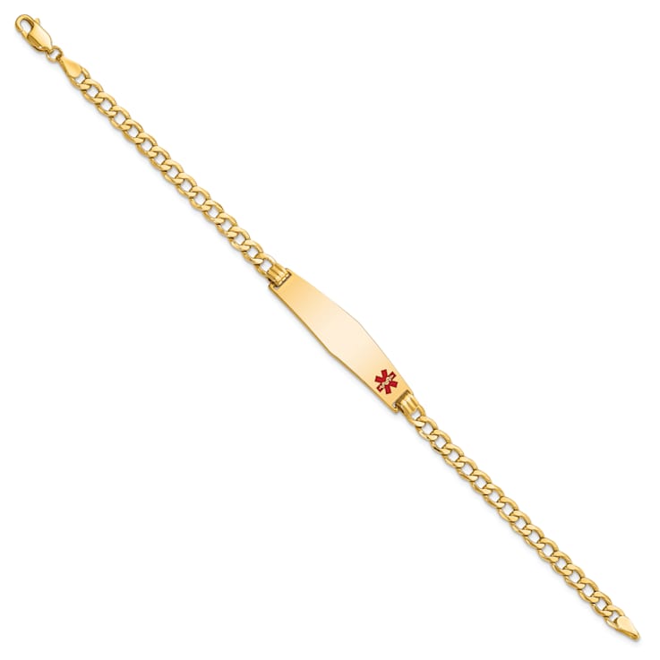 14k Yellow Gold Semi-solid Medical Soft Diamond Shape Red Enamel Curb
Link ID Bracelet