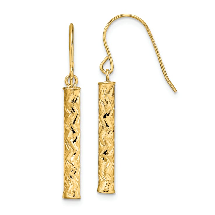 14k Yellow Gold Polished and Diamond-Cut Bar Dangle Earrings