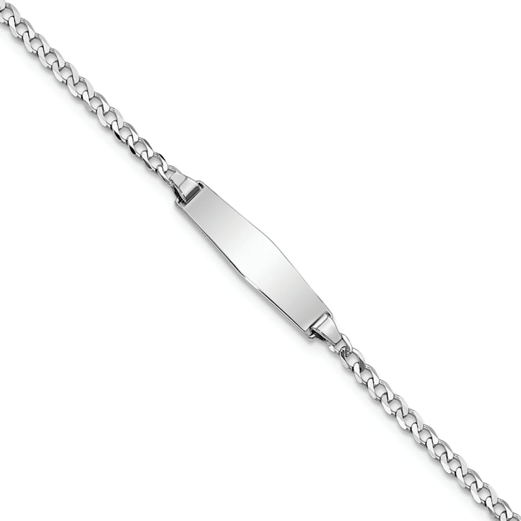 Rhodium Over 14k White Gold Soft Diamond Shape Flat Curb Link ID Bracelet