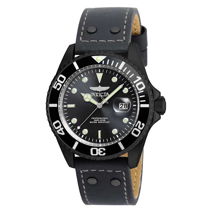 Invicta Pro Diver 43mm Gunmetal Dial Leather Band Quartz Watch