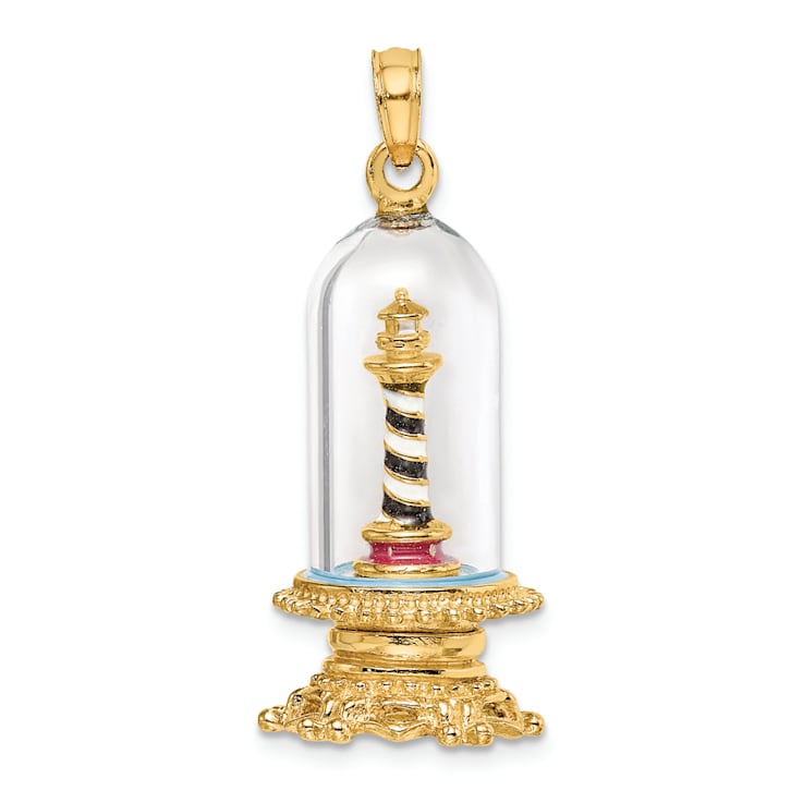 14k Yellow Gold Enameled 3D Lighthouse In Glass Dome Charm