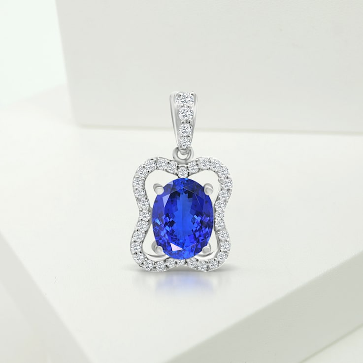 14K White Gold Oval Tanzanite and Diamond Pendant 1.20ctw
