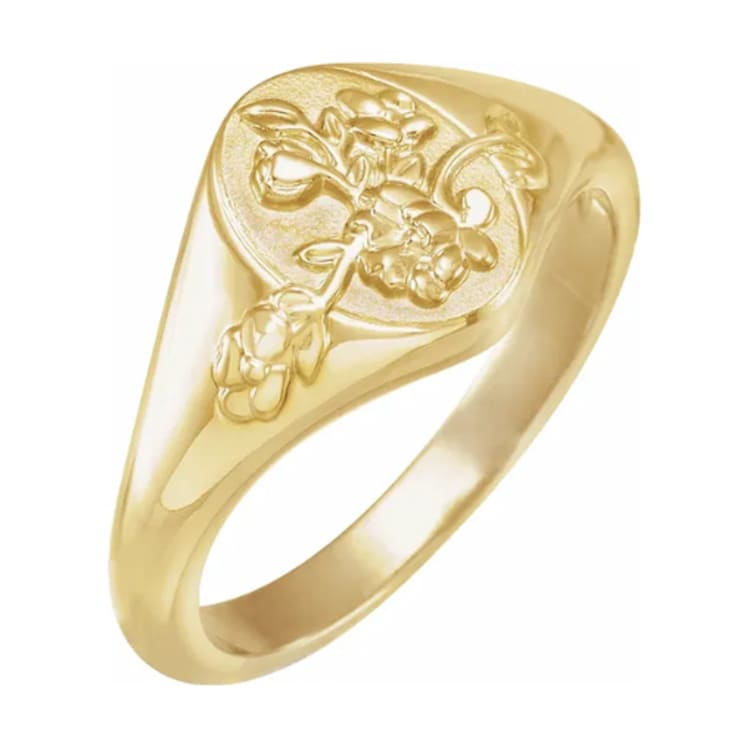 14K Yellow Gold Floral Oval Signet Ring