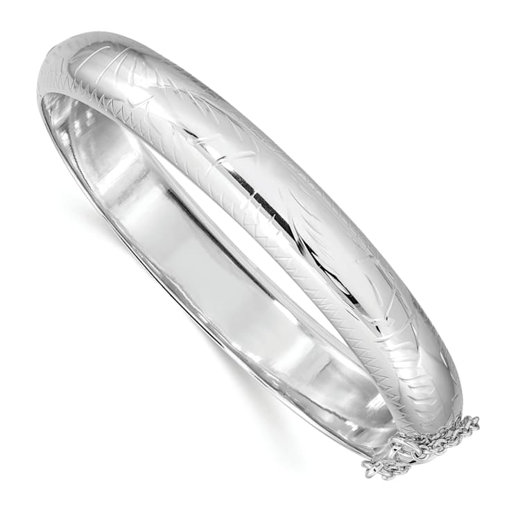 Rhodium Over Sterling Silver Diamond-cut 10.25mm Hinged Bangle Bracelet