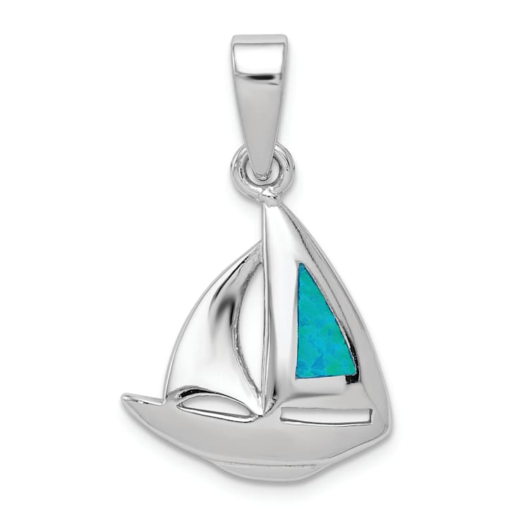 Rhodium Over Sterling Silver Blue Inlay Lab Created Opal Sailboat Pendant