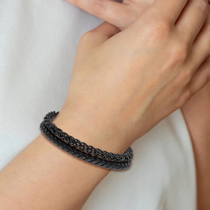 Black Leather and Stainless Steel Polished Black IP Plated Chain
8.5-inch Bracelet