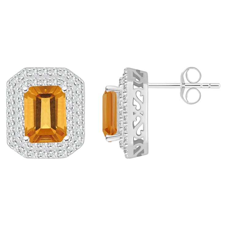 8x6mm Emerald Cut Citrine And White Topaz Accent Rhodium Over Sterling
Silver Double Halo Earrings