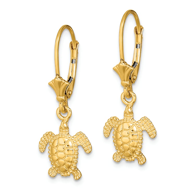 14k Yellow Gold 3D Polished and Textured Mini Sea Turtle Dangle Earrings