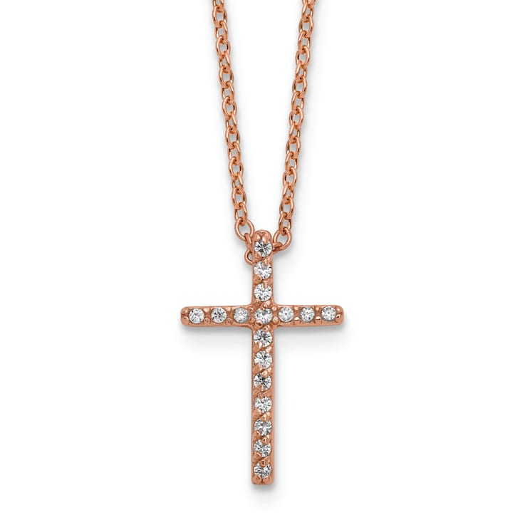 14K Rose Gold Over Sterling Silver Polished Cubic Zirconia Latin Cross Necklace