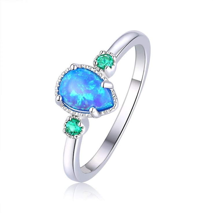 Pear Shape Lab Created Blue Opal and Round Green Nanocrystal Sterling
Silver Opal Ring 3-Stone Ring