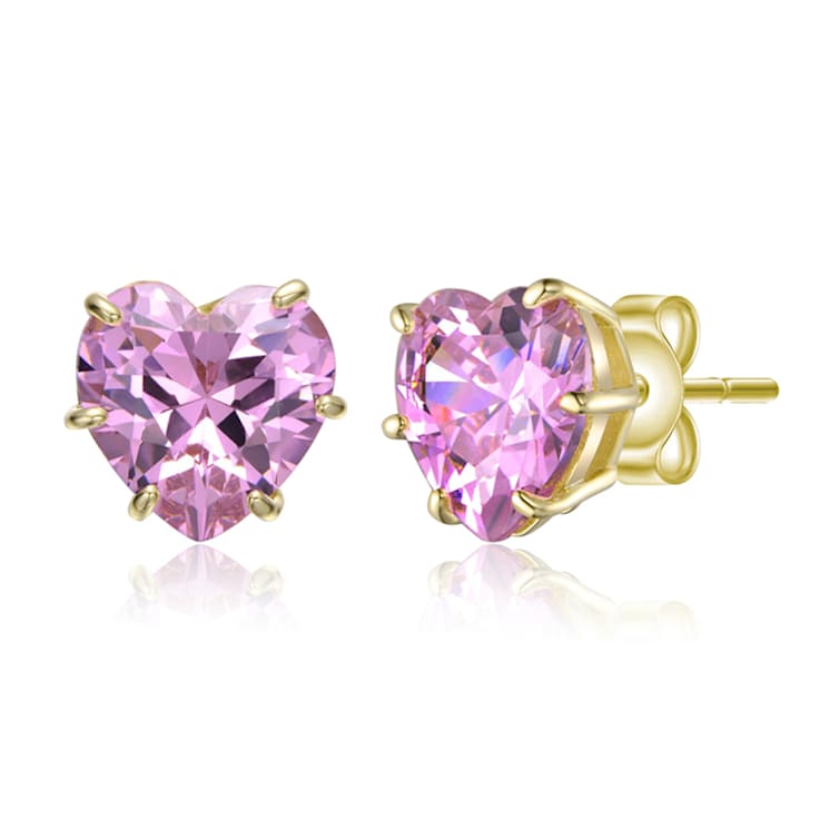 Pink CZ Heart Shape Stud Earrings In 14K Gold Over Brass