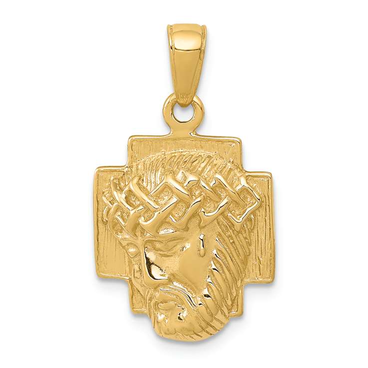 14k Yellow Gold Textured and Polished Small Jesus Head With Crown Pendant