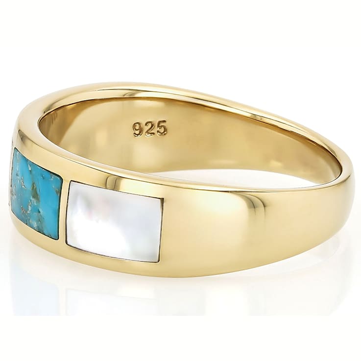 Turquoise And Mother-Of-Pearl Inlay Band Ring In 18K Gold Over Sterling Silver