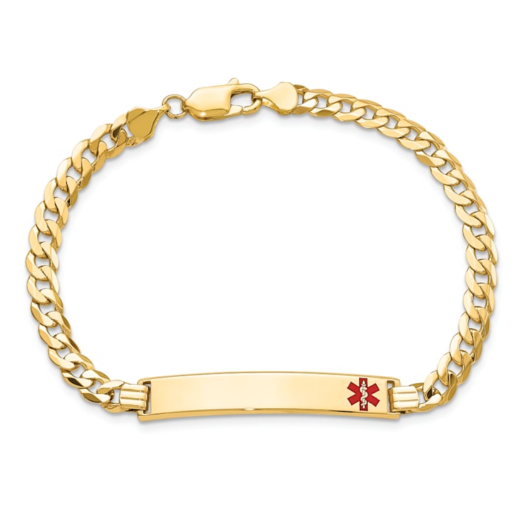 14k Yellow Gold Medical Red Enamel Curb Link ID Bracelet