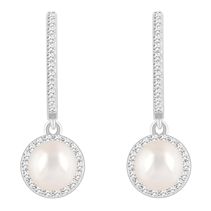 6mm Cultured Freshwater Pearl 1/3 ctw Diamond Rhodium Over Sterling
Silver Halo Dangle Earrings