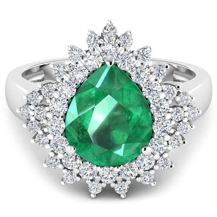3.74ctw Green Emerald and Diamond 14K White Gold Halo Ring